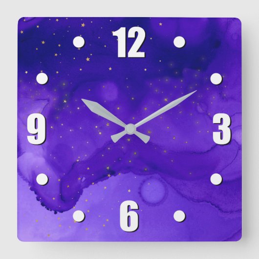 Lila Wasserfarbe Abstrakt mit Gold Glitzer Stars Quadratische Wanduhr (Vorderseite)