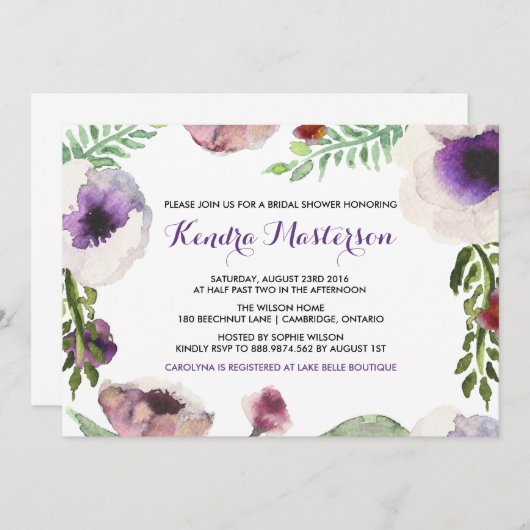 Lila Wasserfarbe Anemone Bridal Dusche Einladung (Vorne/Hinten)