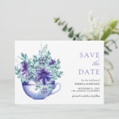 Lila Wasserfarbe Anemones Tea Cup Hochzeit Save The Date (Stehend Vorderseite)