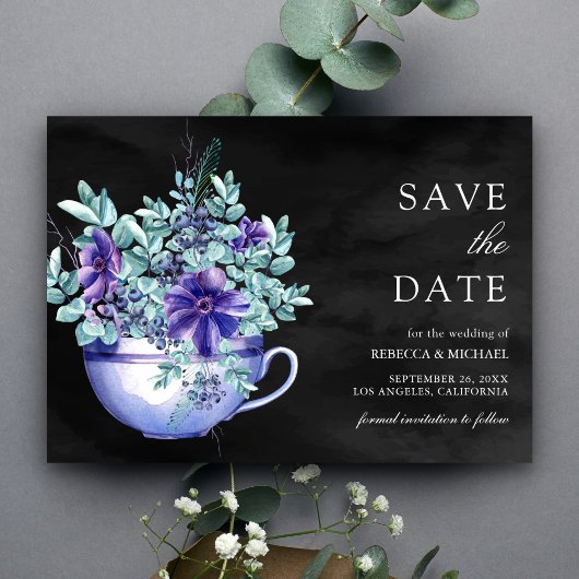 Lila Wasserfarbe Anemones Tea Cup Schwarze Hochzei Save The Date