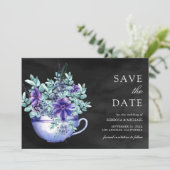 Lila Wasserfarbe Anemones Tea Cup Schwarze Hochzei Save The Date (Stehend Vorderseite)