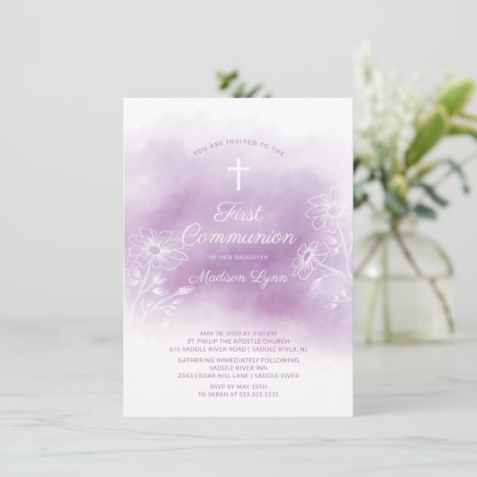 Lila Wasserfarbe Erste Kommune Einladung (Stehend Vorderseite)