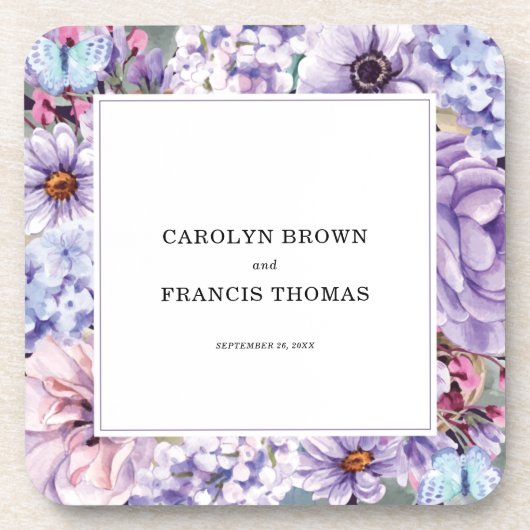 Lila Wasserfarbe Flora Personalisierte Hochzeit Getränkeuntersetzer (Vorderseite)