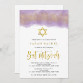Lila Wasserfarbe | Gold Imitate Glitzer Bat Mitzva Einladung (Vorne/Hinten)