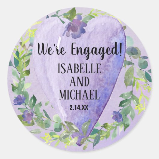 Lila Wasserfarbe Herz und Blume Verlobung Runder Aufkleber (Vorderseite)