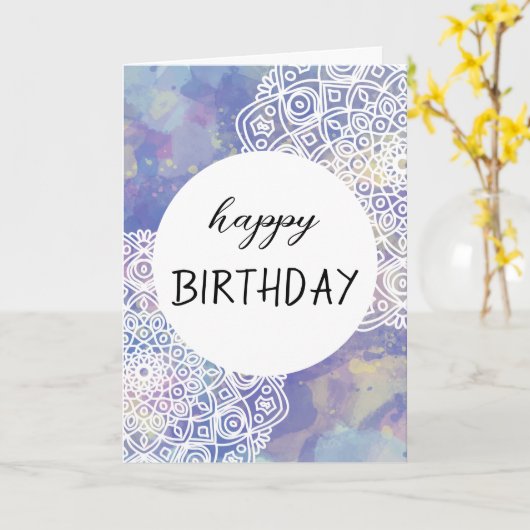 Lila Wasserfarbe Mandala Happy Birthday Card Karte (Gelbe Blume)
