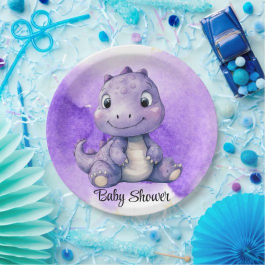 Lila Wasserfarbe Niedlich Dinosaur Girl Babydusche Pappteller (Party)