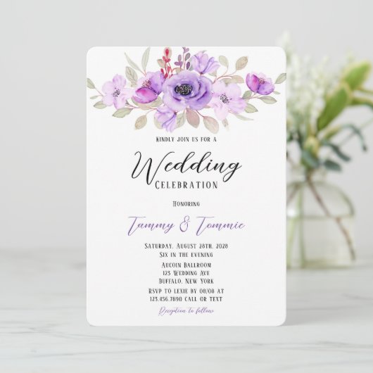Lila Wasserfarbe Peony Blume Polterabend Inv Einladung (Stehend Vorderseite)