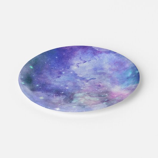 Lila Wasserfarbe Starry Sky Space Lover Galaxie Pappteller (Schrägansicht)