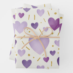Lila Wasserfarbe und goldene Glitterherzen Geschenkpapier Set