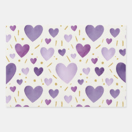 Lila Wasserfarbe und goldene Glitterherzen Geschenkpapier Set