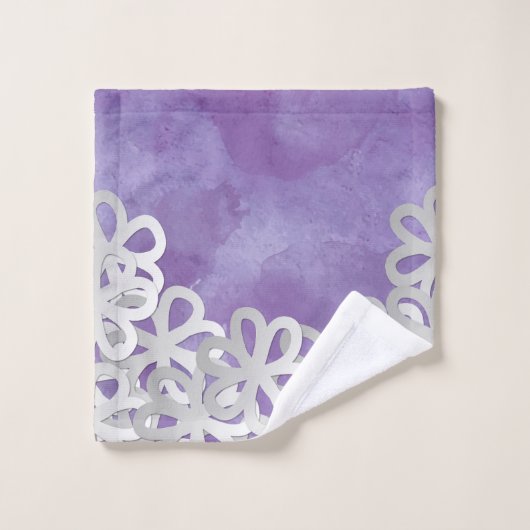 Lila Wasserfarbe und weiße Blume Badhandtuch Set (Waschlappen)