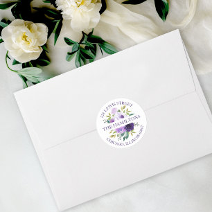 Lila Wasserfarben-Blumen-Rücksende-Adresse-Rund-Si Runder Aufkleber