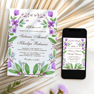 Lila Wasserfarben-Blumenkranz Islamische Hochzeit Einladung