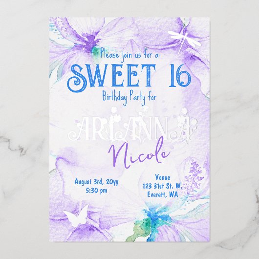 Lila Wasserfarben Orchideen Süß 16 Folieneinladung (Vorderseite)