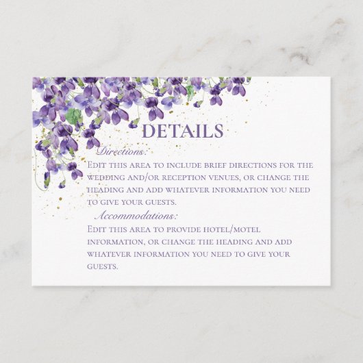 Lila Wasserfarben-Violetten Hochzeitsdetails Begleitkarte (Vorderseite)
