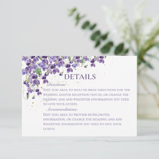 Lila Wasserfarben-Violetten Hochzeitsdetails Begleitkarte (Stehend Vorderseite)