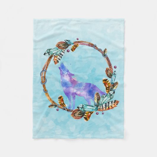 Lila Wasserfarben-Wolf mit einem Boho-Kranz Fleecedecke (Vorderseite)