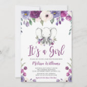 Lila Wasserfarbenflora Elephant Girl Babydusche Einladung (Vorderseite)