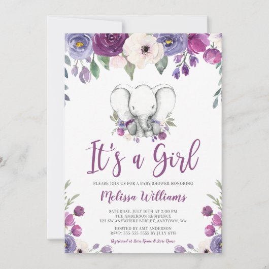 Lila Wasserfarbenflora Elephant Girl Babydusche Einladung (Vorderseite)