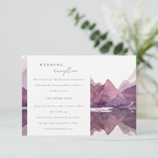 Lila Wasserfarbengebirge Hochzeitsempfang Begleitkarte (Stehend Vorderseite)