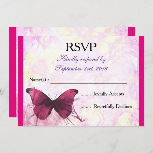 Lila Wasserfarbenschmettern auf rosafarbenem UAWG Einladung (Vorne/Hinten)