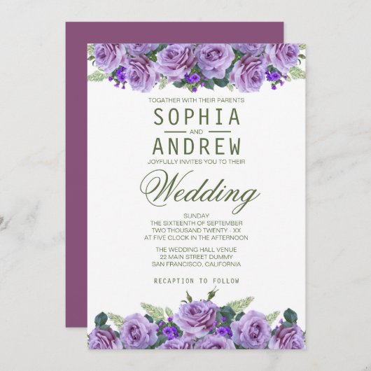 Lila Wasserfarbenwelt Elegante Hochzeit Einladung (Vorne/Hinten)