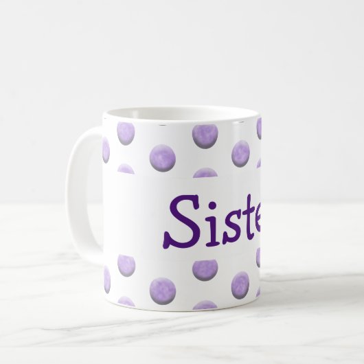 Lila Wasserfarbpunkte mit Text markieren Kaffeetasse (Vorderseite Links)