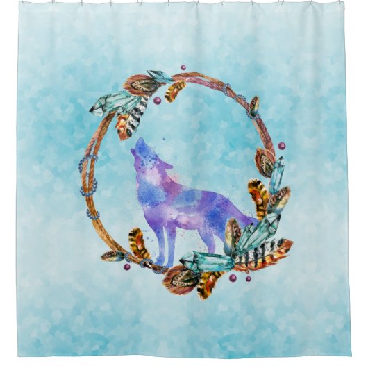 Lila WasserfarbWolf mit Boho Kranz Duschvorhang (Vorderseite)