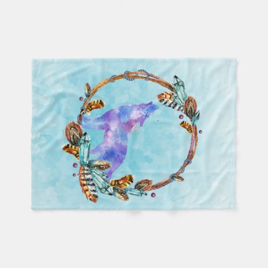 Lila WasserfarbWolf mit Boho Kranz Fleecedecke (Vorderseite (Horizontal))