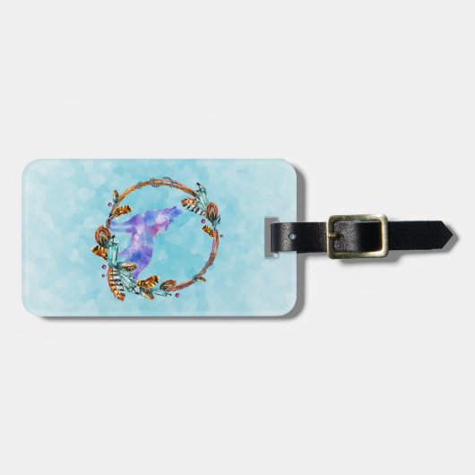 Lila WasserfarbWolf mit Boho Kranz Gepäckanhänger (Vorderseite horizontal)