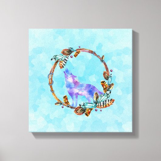 Lila WasserfarbWolf mit Boho Kranz Leinwanddruck (Vorderseite)