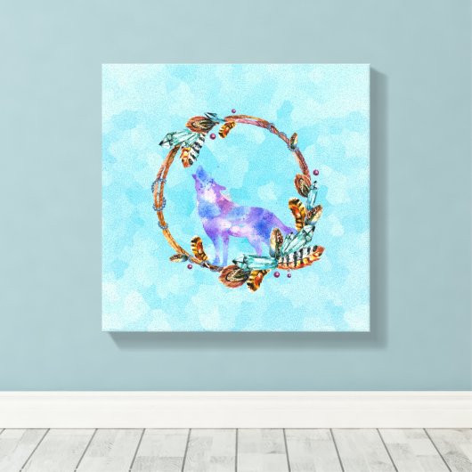 Lila WasserfarbWolf mit Boho Kranz Leinwanddruck (Insitu (Holzboden))