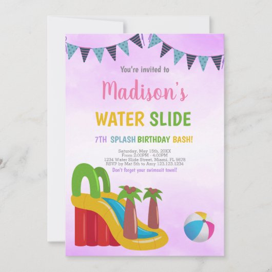 Lila Wasserrutsche Einladungen (Vorderseite)