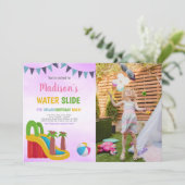 Lila Wasserrutsche Einladungen mit Foto (Stehend Vorderseite)