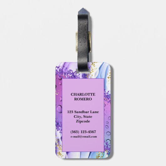 Lila Wassertropfen | Blue and White Ombre Gepäckanhänger (Rückseite vertikal)