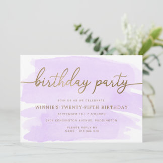 Lila Watercolor Gold Geburtstagsparty Einladung