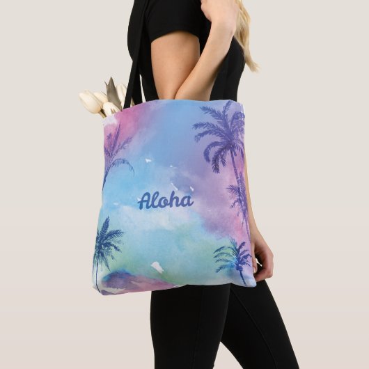 Lila Watercolor Hawaii-Landschaft Tasche (Von Nahem)