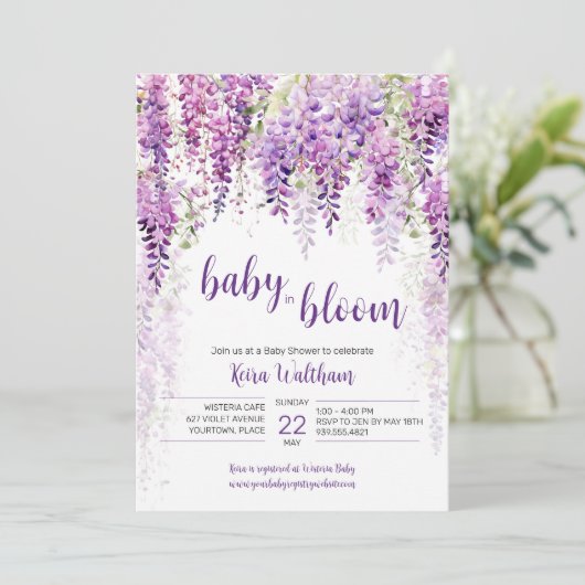Lila Watercolor Wisteria Kinderdusche Einladung (Stehend Vorderseite)