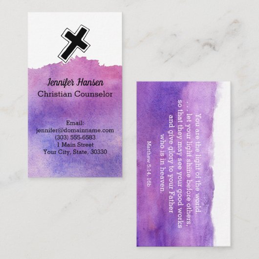 Lila Watercolorkarte - Pastor, Kirche, Ministerium Visitenkarte (Vorne/Hinten)
