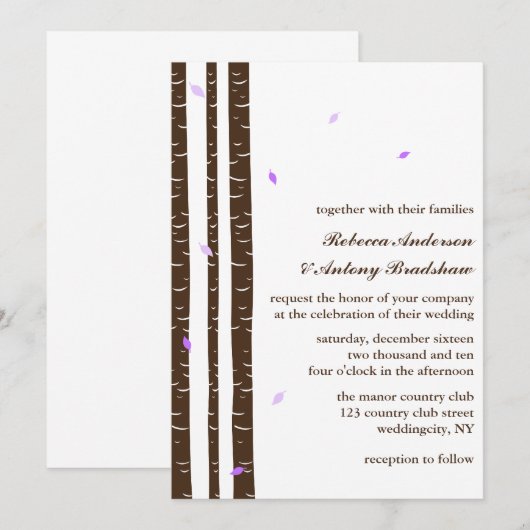 Lila Wedding Birken-Bäume Einladung (Vorne/Hinten)