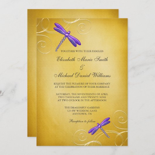 Lila Wedding Goldlibellen-Wirbel Einladung (Vorne/Hinten)