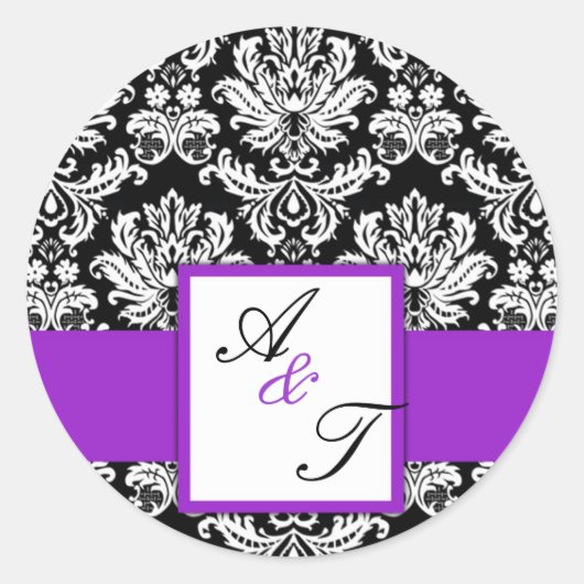 Lila Wedding Monogram Damask Siegel Runder Aufkleber (Vorderseite)