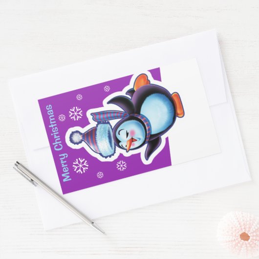 Lila Weihnachts-Rechteck Aufkleber Pinguin Skater. (Umschlag)