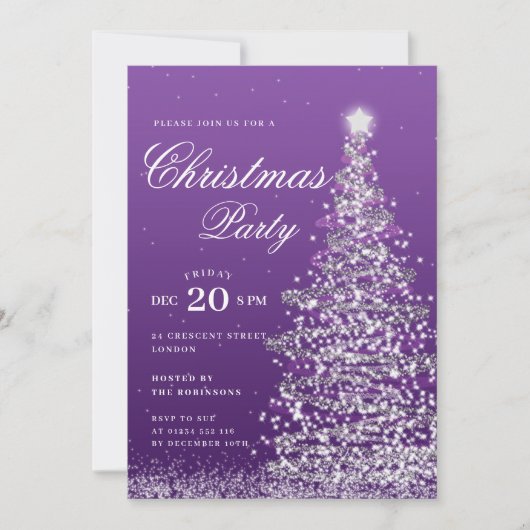 Lila Weihnachtsbaum-Feier zur Winterzeit Einladung (Vorderseite)
