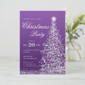 Lila Weihnachtsbaum-Feier zur Winterzeit Einladung (Stehend Vorderseite)