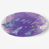 Lila Weihnachtsbaum Golden Snowflakes Pappteller (Schrägansicht)