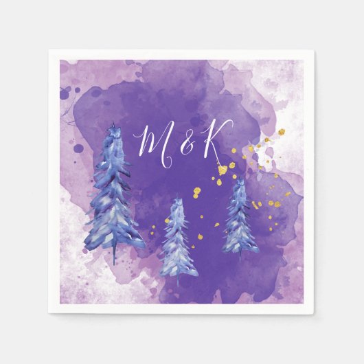 Lila Weihnachtsbaum Golden Snowflakes Serviette (Vorderseite)