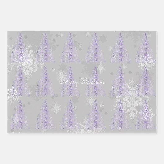 Lila Weihnachtsbaum und Schneeflocken Geschenkpapier Set (Vorderseite 3)