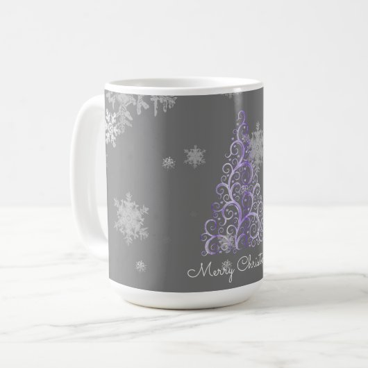 Lila Weihnachtsbaum- und Schneeflocken-Tasse Kaffeetasse (Vorderseite Links)